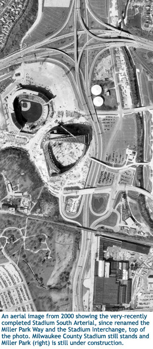 Aerial image of the Stadium South Aterial (now Miller Park Way) in 2000.